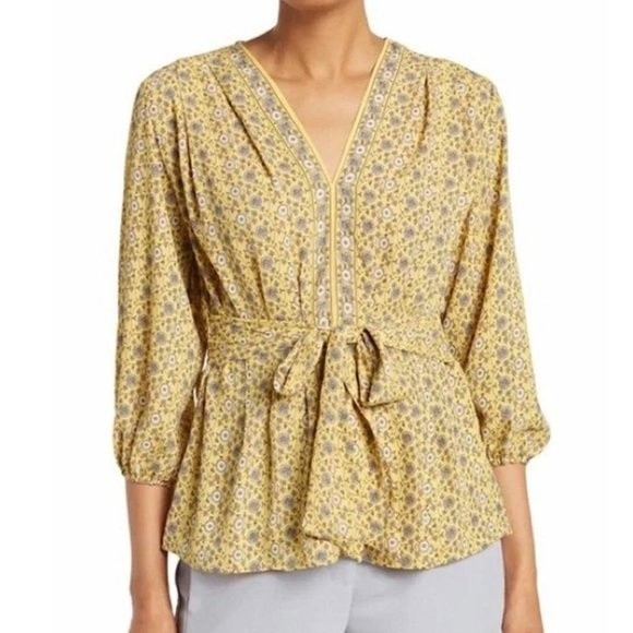 MAX STUDIO Yellow Floral Ladies V-Neck Peasant Boho Career Blouse, S - Picture 1 of 8